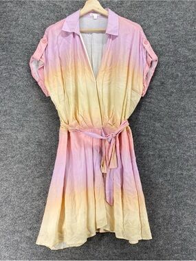 Pastel Ombre Belted Shirt Dress – Pink, Lavender & Yellow